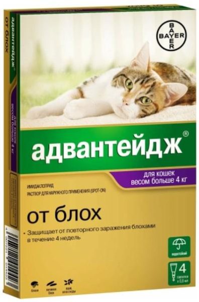 Адвантейдж (Bayer) Капли от блох для кошек весом более 4 кг, 4 пипетки