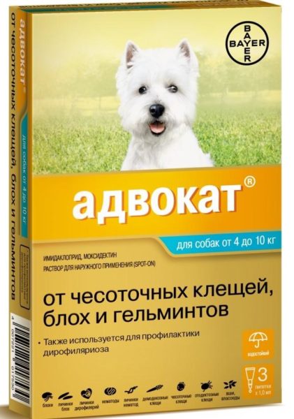 Адвокат (Bayer) Капли от чесоточных клещей, блох и гельминтов для собак от 4 до 10 кг (3 пипетки)